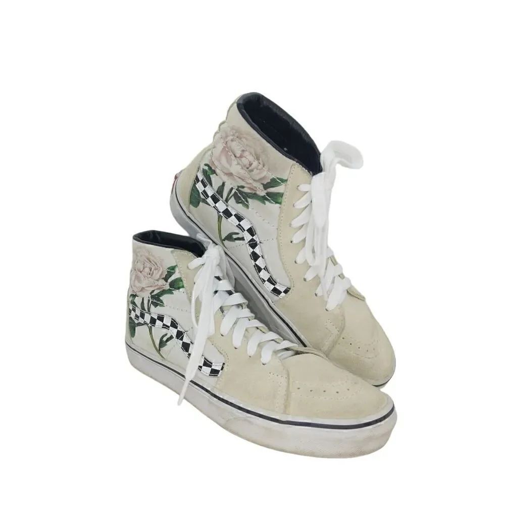 VANS SK8 Womens Pre-owned Hi-Top Leather Checkered Floral Rose Sneakers - sz. 7